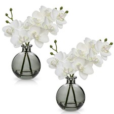 White Orchids Artificial Flowers Faux Orchid Arrangement with Black Glass Vas...