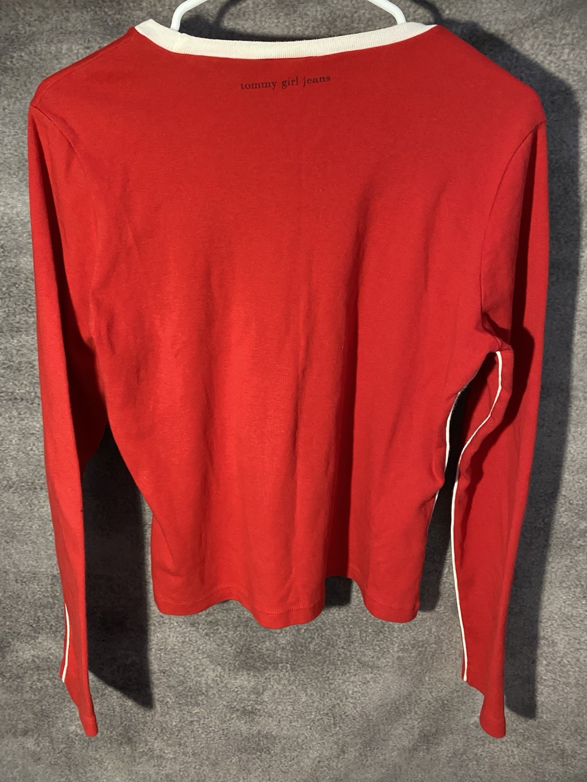 Vtg Y2K Tommy Girl Jeans Red Long Sleeve Ringer Tee Star Font Raglan Shirt XL image 5