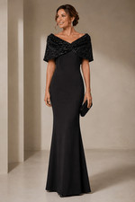 Eliza J Black Sequined Shawl Mermaid Formal Gown Size 6