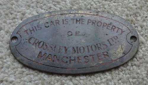 Vintage Brass Plate Plaque THIS CAR IS THE PROPERTY OF CROSSLEY MOTORS LTD