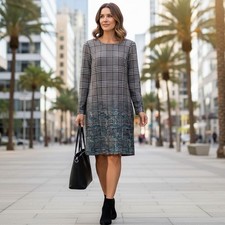 WORTH NEW YORK Gray Plaid Wool Blend Sheath V-Back Dress Sz 6 Luxe-Preppy Chic