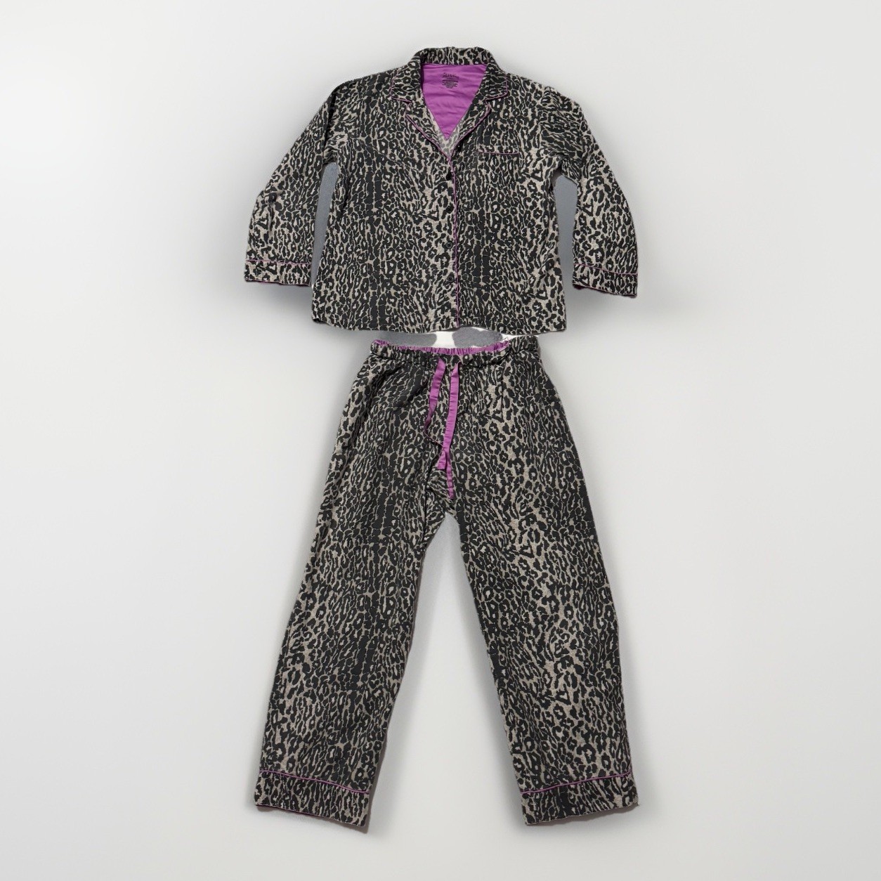 Nick & Nora Flannel Pajama Set Black Leopard Animal Print Purple Size Medium