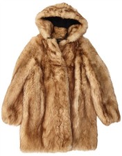 Vintage Womens Hooded Faux Fur Overcoat UK 14 Large Brown CO12