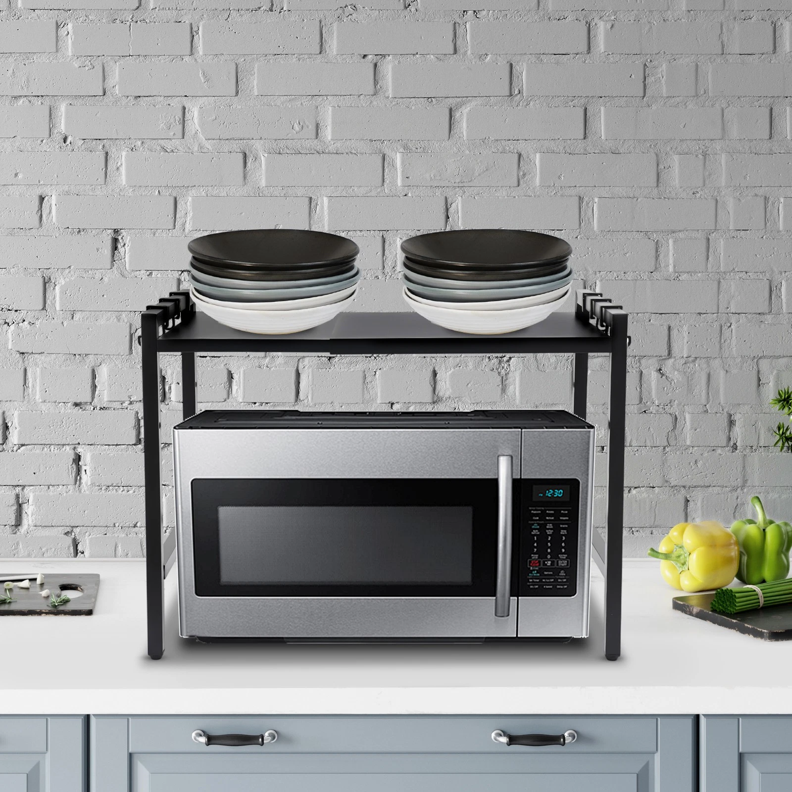 Adjustable Microwave Stand Black Oven Shelf Kitchen Countertop Organizer W/Hooks