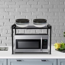 Adjustable Microwave Stand Black Oven Shelf Kitchen Countertop Organizer W/Hooks