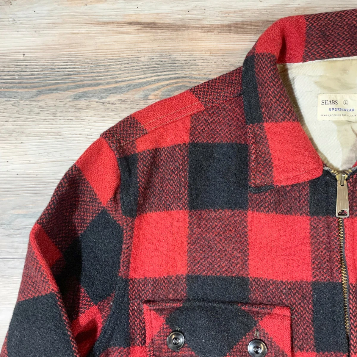 Rare 50s Vintage Sears Roebuck BUFFALO PLAID Wool Zip Up Flannel Shirt  Jacket