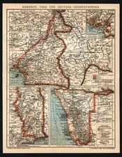 Landkarte anno 1909 - Kolonien Kamerun Togo Deutsch-Südwestafrika Schutzgebiete
