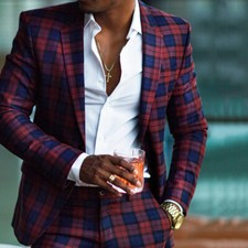 Men Formal Slim Fit Checkered Plaid Suits Fashion Style Party Prom Dinner Suits