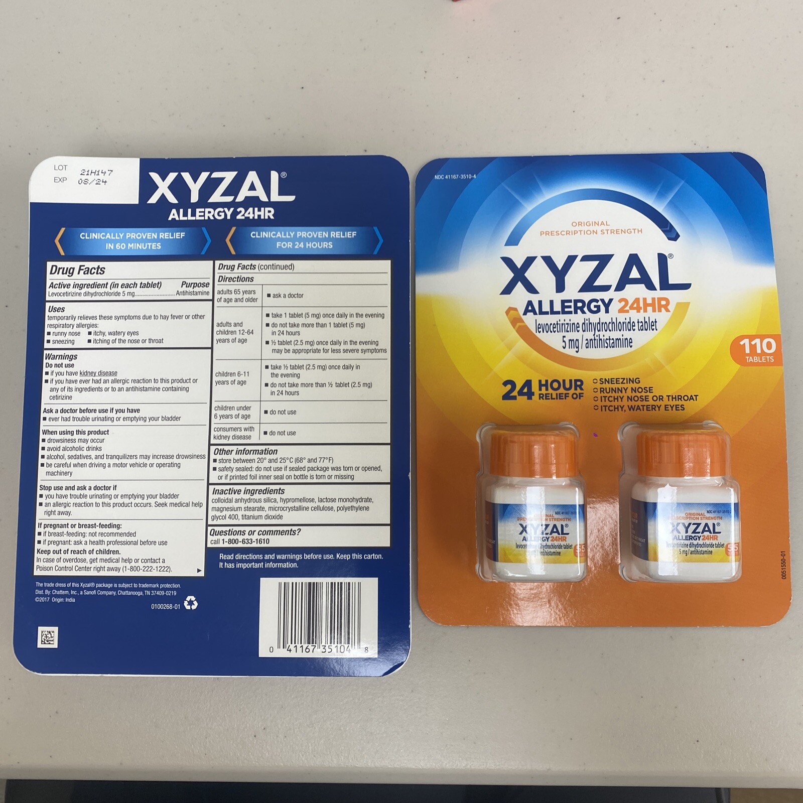 Lot 2 XYZAL Allergy Treatment Antihistamine Tablet, 5mg 110 Count Exp