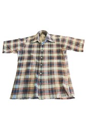 VTG 70s Shirt Disco Plaid Men Red Blue Short Slv Medium Fly Dagger Collar Hippie