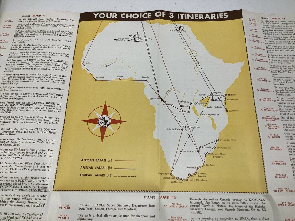 Folleto/mapa ORIGINAL -- 1958 Safari en ÁFRICA -- AIR FRANCE v genial con JIRAFA Foto 3 de 4