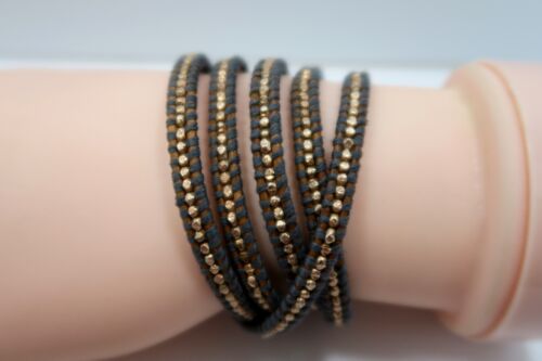 Bracciale in pelle marrone Chan Luu 5 avvolgente argento sterling con perline pepita oro rosa - Foto 4 di 8