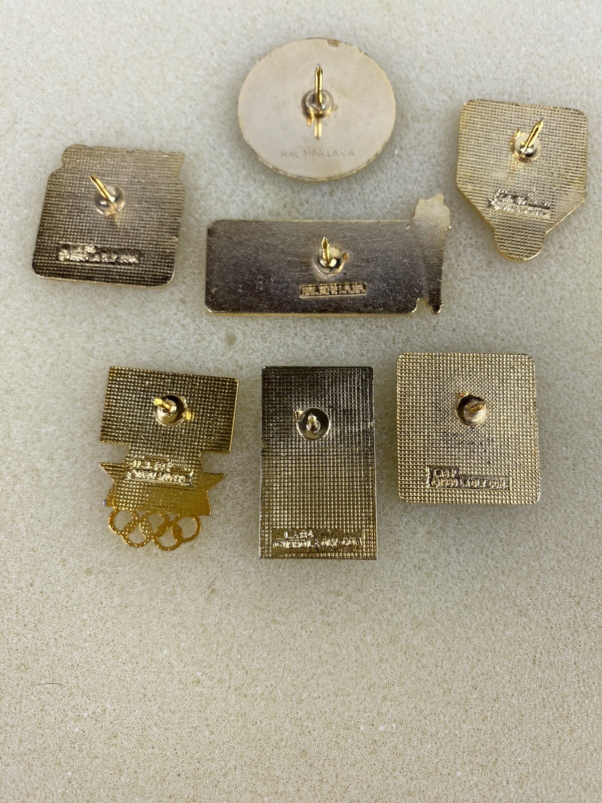 1984 Los Angeles Olympics pins Set of 7, LAPD, Sprite, 7-11, Amex, Vons, Conroys