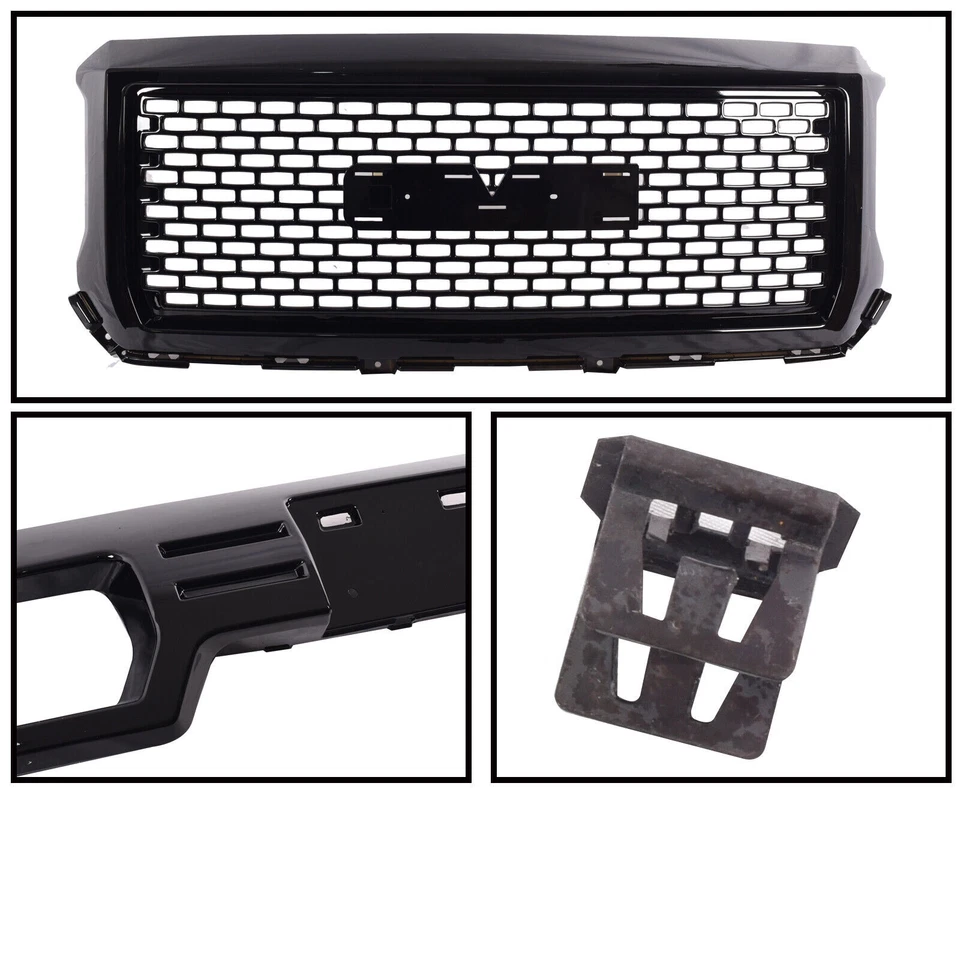 Fit GMC Sierra 1500 2014-2015 Denali Front Bumper Grille/Lower Plate Gloss Black - Изображение 2 из 4