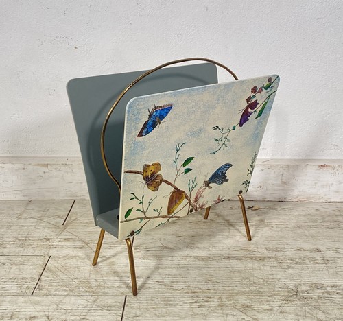 PORTARIVISTE DECORATO A MANO DESIGN ANNI 60 OTTONE LEGNO RIVISTE VINTAGE DIPINTO - 第 1/12 張圖片