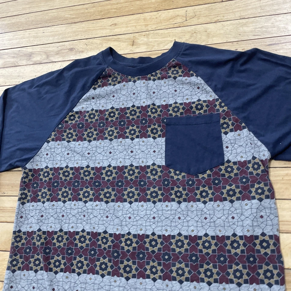 Camisa Retrofit Estampado Azteca Hombres XL Azul Gris Rojo Suroeste Manga de Béisbol 3/4 Foto 4 de 4