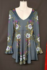 Free People Teal Floral Bell Sleeve Skater Mini Dress Size Small