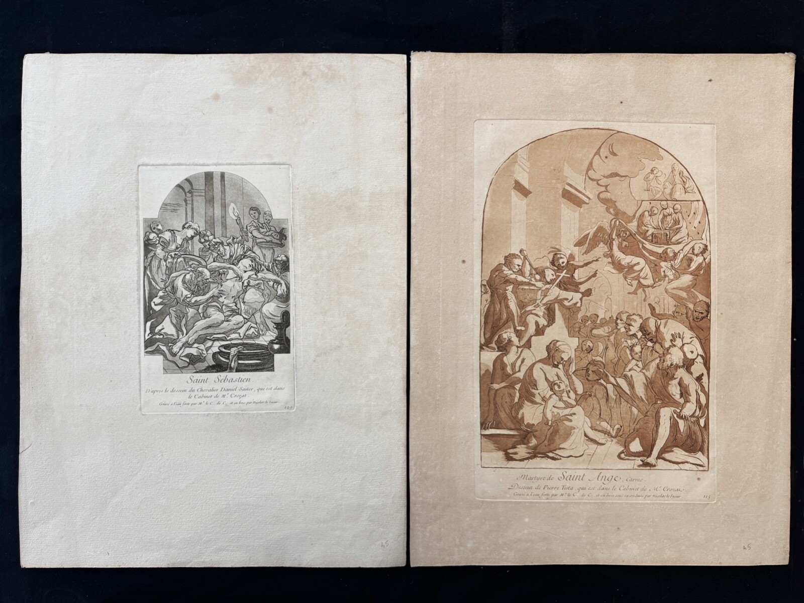 Zwei große Meisterdrucke Kupferstich, heiliger Sebastian, Nicolas Le Sueur