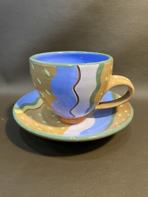 Handmade Handpainted Large Ceramic Coffee Mug & Saucer Signed Davies  92