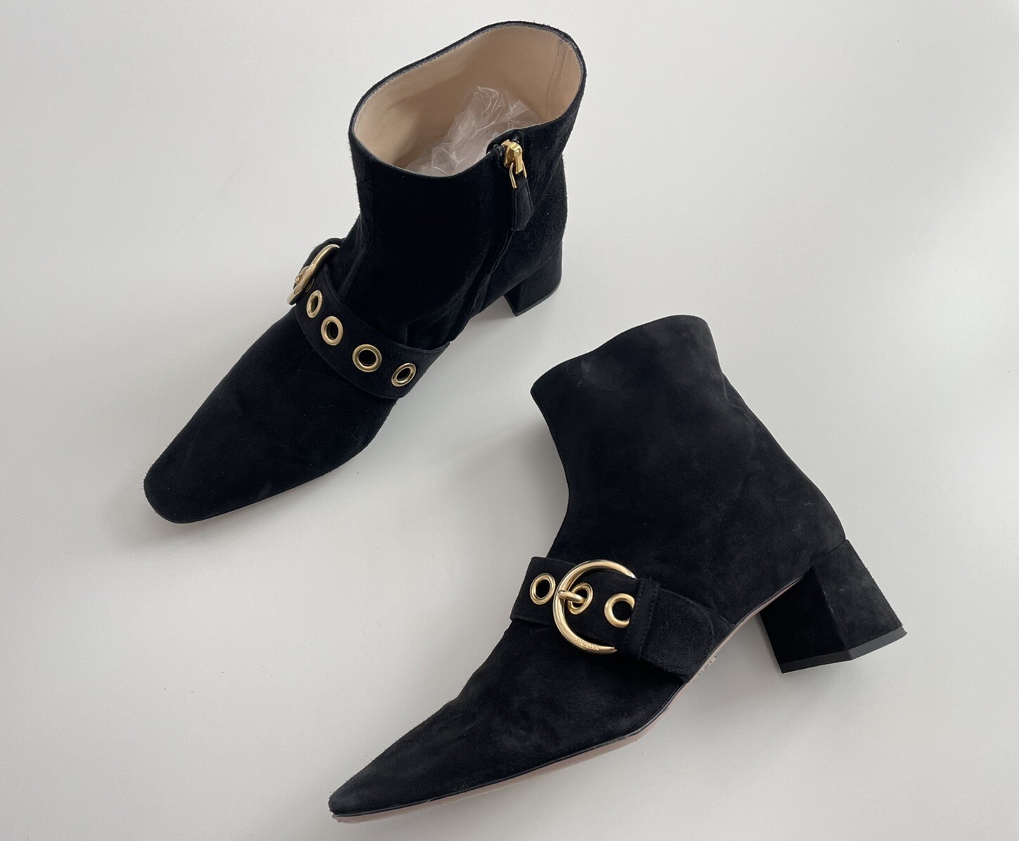 PRADA Black Suede Buckled Strap Ankle 
