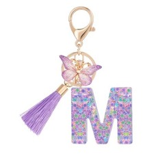 Cute Pink Key Chains for Women Girls, Initial Letter Purple Butterfly Letter-m