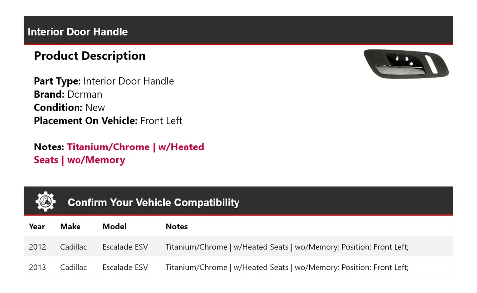 Manija de puerta interior delantera izquierda para Cadillac Escalade ESV Dorman 2012-2013 Foto 2 de 4