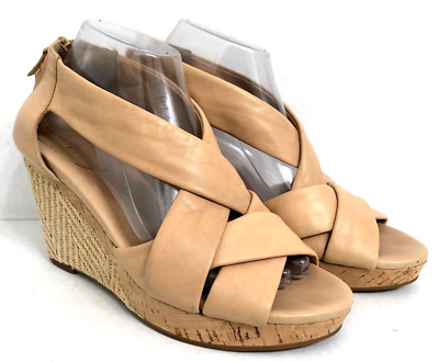 Cole Haan BEIGE Leather Strappy Wedge Sandal Cork/Jute Platform Women's Size 9 B