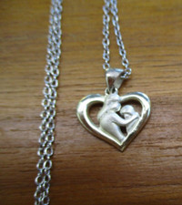 Sterling Silver Mother Child Pendant Necklace 3/4" C Heart Shaped 18" Chain