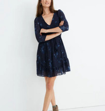 MADEWELL WOMEN'S BLUE TONAL BOTANICAL SHEER SLEEVE V-NECK MINI DRESS Sz 8
