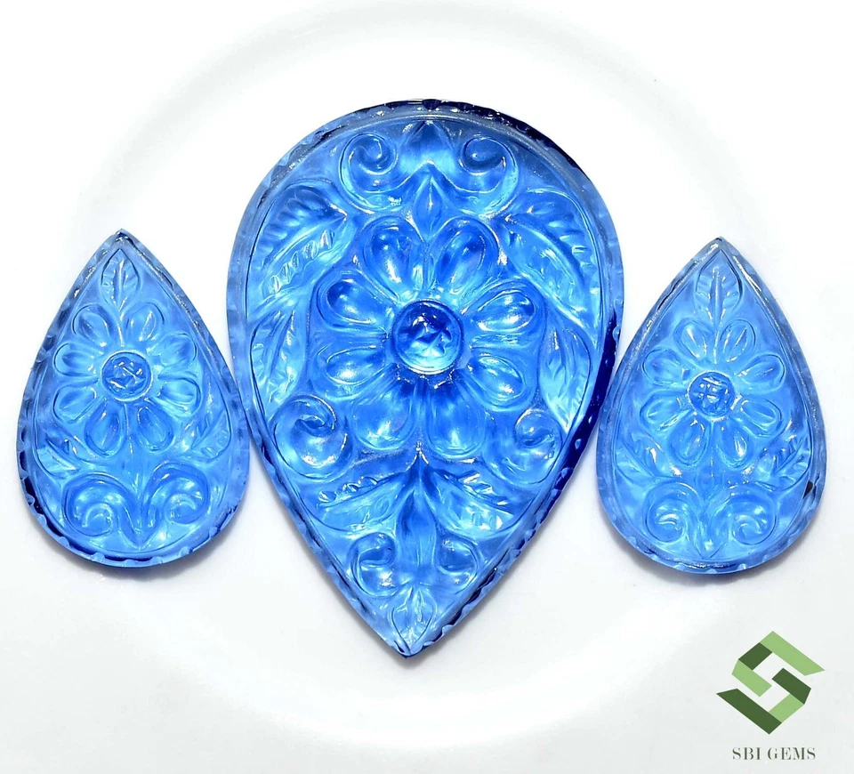 Sapphire Color Nano Handmade Carving 3 Pcs Set 32x23 mm & 20x13 mm Loose Gems - Image 3 of 4