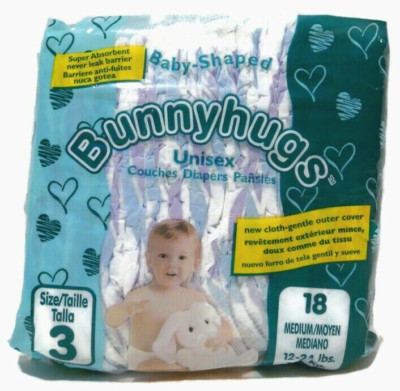 Vintage Bunny Hugs Diapers Sealed Pack of 18 Size 3 Medium 12-24 lbs 1988 USA