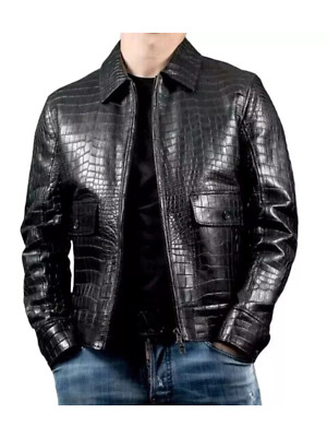 Men's Black Real Leather Crocodile Embossed Jacket Biker Alligator Print Jacket