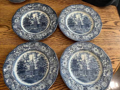 Set of 4 Liberty Blue Staffordshire England Independence Hall Dinner Plates