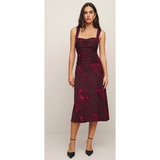 Reformation Burgundy Floral Ruched Midi Dress Square Neck Tencel Size M