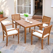 5 Piece Outdoor Dining Set Acacia Wood Patio Table and Chairs with Soft Cushions
