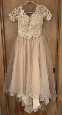 Women's Prom Bridesmaid Formal Dusty Beige Embroidered Layered Dress Size 8 NWT