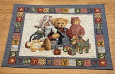 VTG Blue Jean Teddy Bear  Friends Quilted Baby Blanket/ Nursery Wall Decor