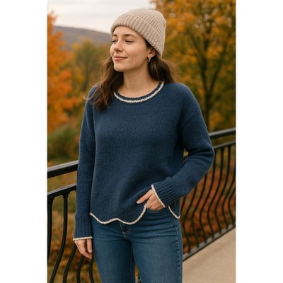 Hem & Thread Blue Chenille Scallop Hem Sweater Women's L Soft Textured Knit Cozy