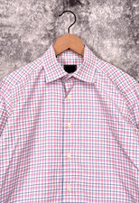 David Donahue Dress Shirt 16 Mens Pink Plaid Trim Fit Long Sleeve Button Down