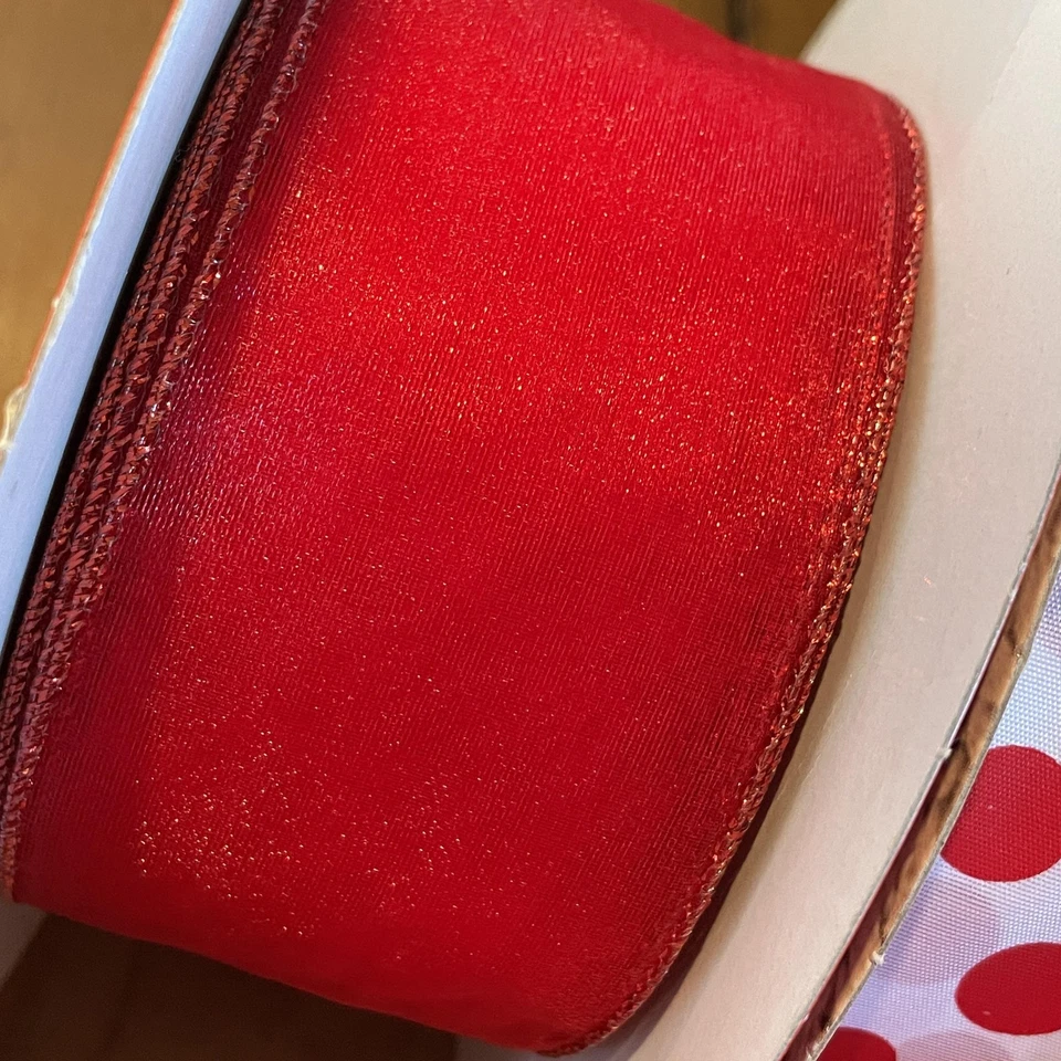 Christmas Craft Ribbon Lot 2.5 Inch Wired Red White Polka Dot Mesh Glitter - Image 2 of 4
