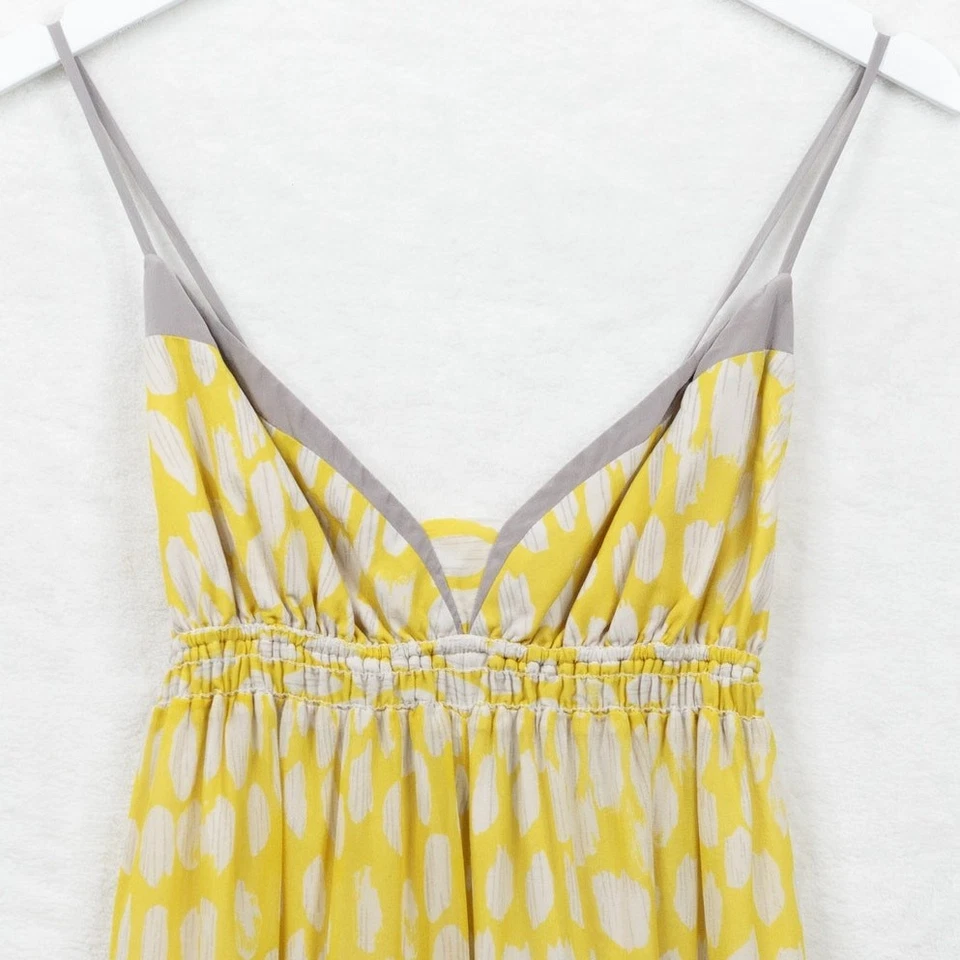 Vestido maxi babydoll MYNE Ashley Ann seda chiffon amarelo cinza Y2K vintage tamanho 4 - Imagem 2 de 4