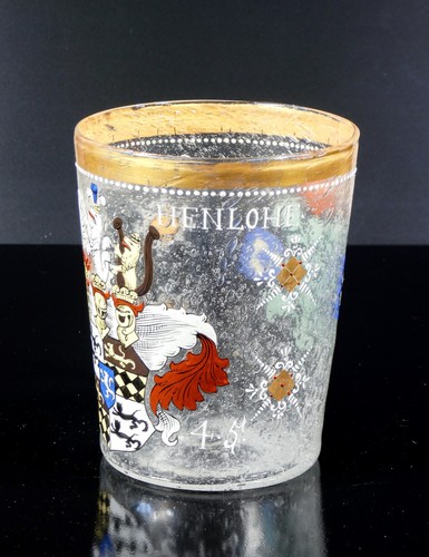 ⚜️ Vase Pokal Wappenbecher Geblasenes Glas Böhmen Email Wappen Hohenlohe - Bild 3 von 7