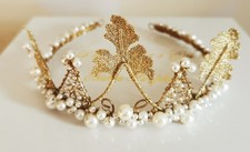 Boho wedding Tiara or crown with  pearls & gold  Embroidered Leaves Ooak