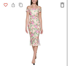 New Guess Off The Shoulder Midi W/Flounced Hem Floral Dress Size 14 (73)