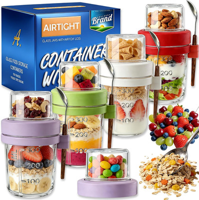 16+4 OZ Glass Mason Jars, Overnight Oats Containers with Lids Spoon 4 Pack | Div