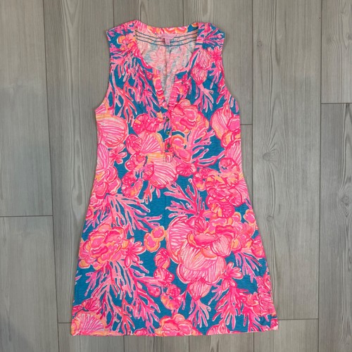 Lilly Pulitzer Essie Dress Pink Blue Coral Floral Sleeveless Cotton Modal M