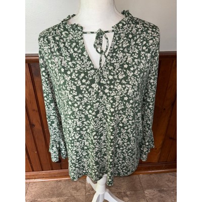 Womens BAUKJEN Green White Floral Keyhole Tie Front Long Sleeve Blouse UK 14