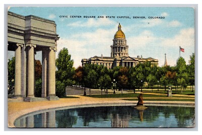 Denver, CO Colorado Civic Center Square State Capitol Linen Postcard Posted 1952