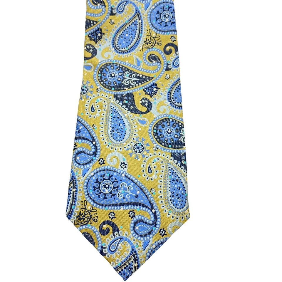 Corbata Manzini Para Hombre Amarillo Azul Estampado Paisley Poliéster Abstracto Corbata Foto 3 de 4