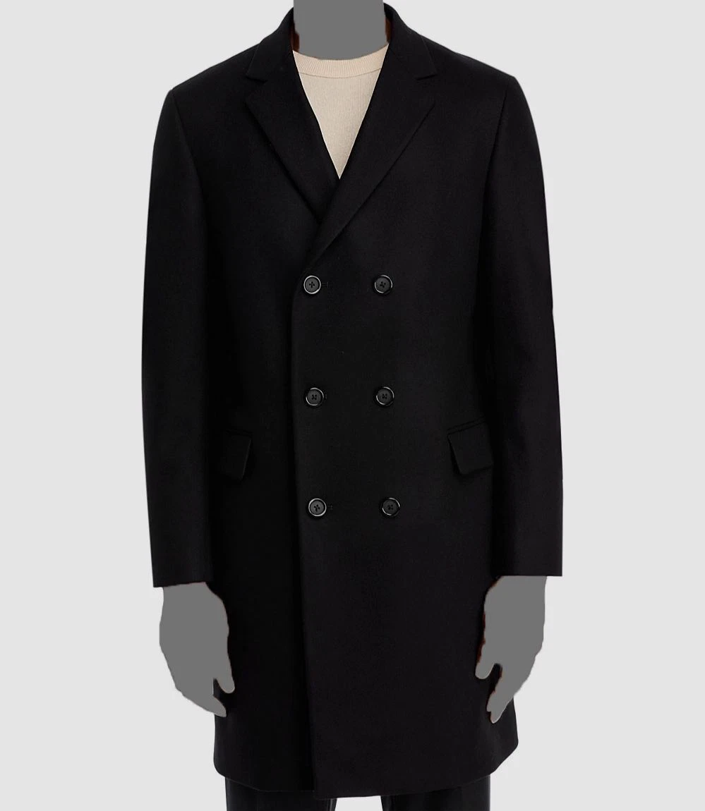 Bloomingdale's Men's Black Cashmere Wool Blend Double Breasted Overcoat Size 44R - product detail image 1